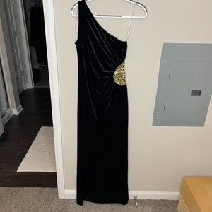 Mikael Aghal Embellished Black Velvet Long Dress Gown Size 10